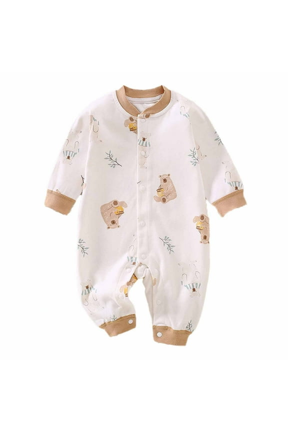 Infant Romper Print Crew Neck Snap Buttons Contrast Binding Thickened Warm Snug Comfortable Fitting Fall Winter Jumpsuit for Boys and Girls 0 Months-2 Years