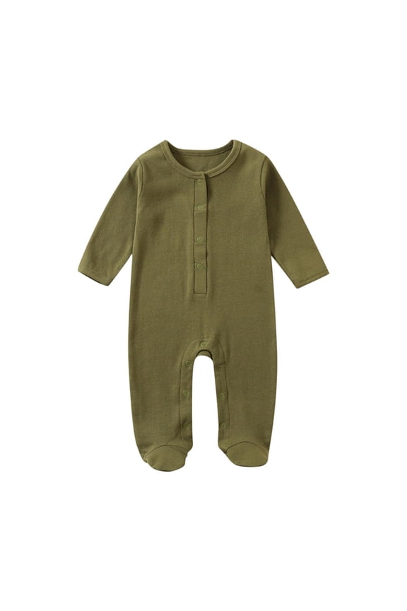 Infant Solid Color Romper Crew Neck Snap Buttons Footed Long Sleeve Thickened Warm Snug Fitting Fall Winter OutFitting for Boys and Girls 3-18 Months