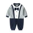 thumbnail image 1 of WRKEKC Infant Tuxedo Romper Contrast Striped Bow Tie Snap Buttons Thickened Warm Snug Fitting Fall Winter OutFitting for Boys and Girls 0-12 Months, 1 of 7