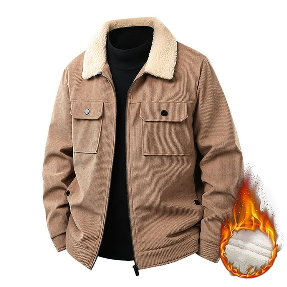 WRKEKC Jacket Men Solid Color Long Sleeve Turndown Collar Zip Up Cardigan Corduroy Thickened Sherpa Lined Jacket Outerwear