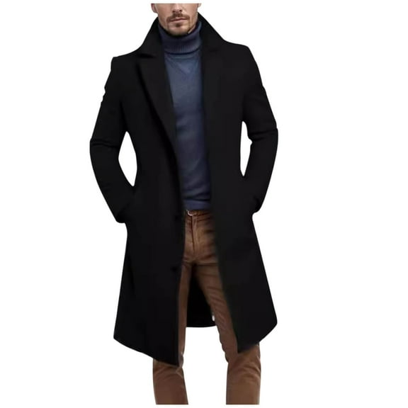 WRKEKC Jackets for Men No Hood Solid Color Button Front Long Wool Blend Coat Mid-Length Fall Winter Stylish Casual Outerwear for Men