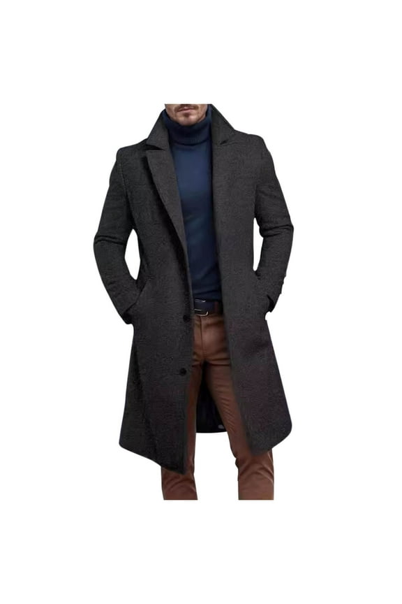 Jackets for Men No Hood Solid Color Button Front Long Wool Blend Coat Mid-Length Fall Winter Stylish Casual Outerwear for Men