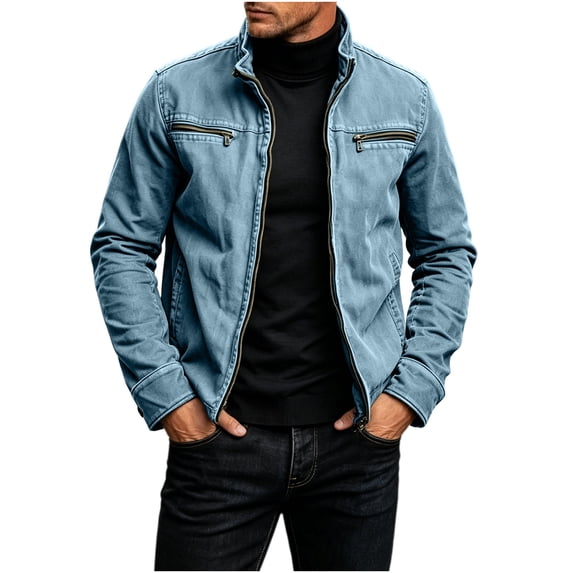 WRKEKC Jackets for Men Winter Solid Stand Collar Zipper Cargo Long Sleeve Outerwear Relaxed Fit for Outdoor Travel Use