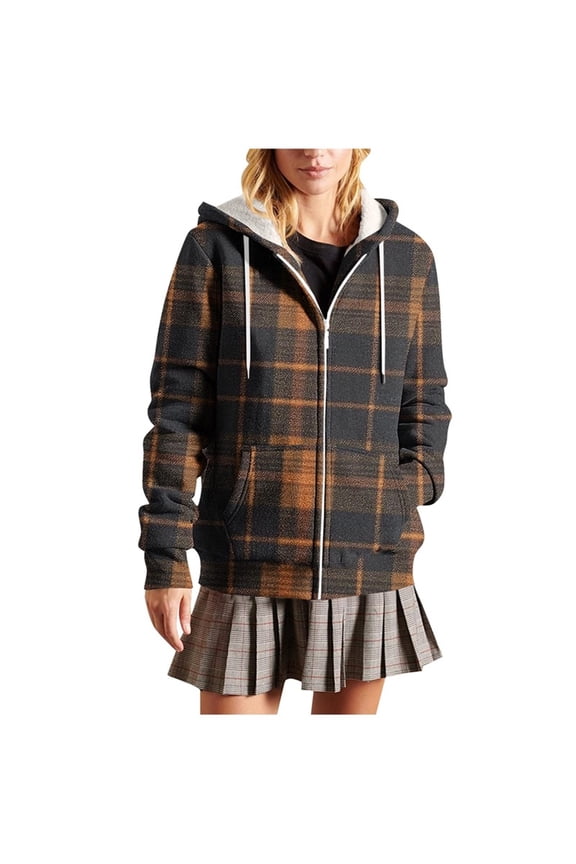 Jackets for Women Plaid Print Hooded Drawstring Pocket Zip Long Sleeve Casual Outerwear Jacket for Daily Outings