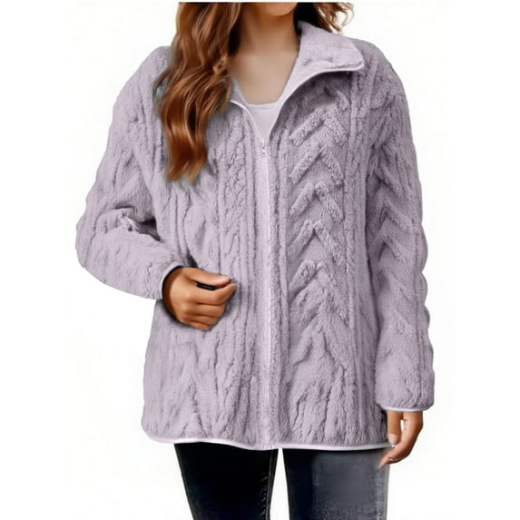 WRKEKC Jackets for Women Solid Color Cable Knit Fleece Long Sleeve Zip Casual Coat with Textured Pattern for Fall Winter