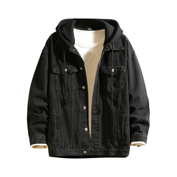 WRKEKC Jeans Jacket for Men Solid Color Button Pocket Hooded Denim Jacket Long Sleeve Fall Winter Casual Outerwear with Detachable Hood for Men