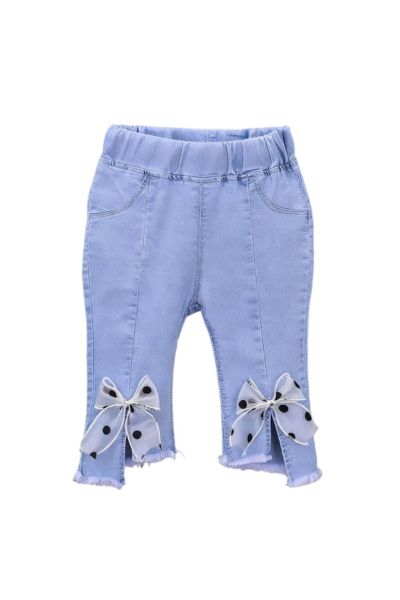 Jeans for Girls Bow Pearl Flare Slim Fit Denim Pants with Elastic Waist and Side Slit Hem Capri Pants 1-6 Years