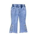 thumbnail image 1 of WRKEKC Jeans for Girls Bow Pearl Flare Slim Fit Denim Pants with Elastic Waist and Side Slit Hem Capri Pants 1-6 Years, 1 of 8