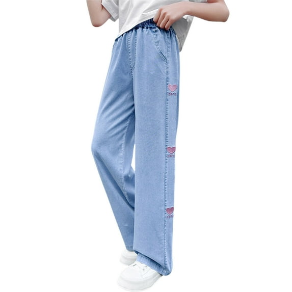 WRKEKC Jeans for Girls Fashion Bow Tie Embroidery High Waist Loose Fit Pockets Wide Leg Denim Long Pants for Kids 5-13 Years