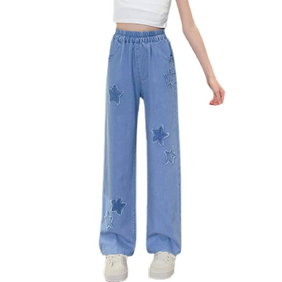 WRKEKC Jeans for Girls Fashion Bow Tie Embroidery High Waist Loose Fit Pockets Wide Leg Denim Long Pants for Kids 5-13 Years
