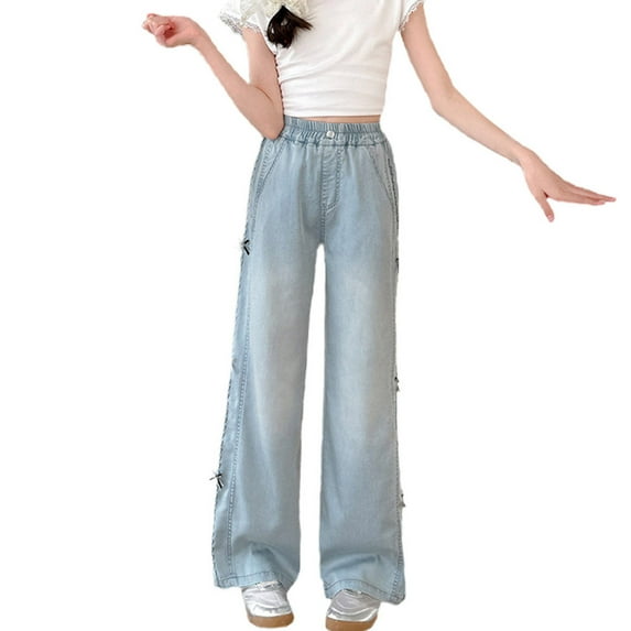 WRKEKC Jeans for Girls Fashion Bow Tie Embroidery High Waist Loose Fit Pockets Wide Leg Denim Long Pants for Kids 5-13 Years