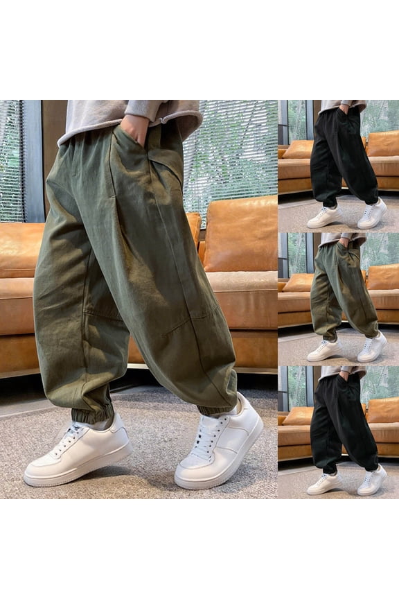 Kids Cargo Pants Letter Print Multi Pockets Solid Color Cuffed Hem Elastic Waist Stretchy Comfy Fall Spring Pants for 3-15 Years