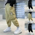 thumbnail image 1 of WRKEKC Kids Cargo Pants Letter Print Multi Pockets Solid Color Cuffed Hem Elastic Waist Stretchy Comfy Fall Spring Pants for 3-15 Years, 1 of 6