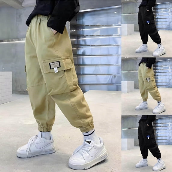 WRKEKC Kids Cargo Pants Letter Print Multi Pockets Solid Color Cuffed Hem Elastic Waist Stretchy Comfy Fall Spring Pants for 3-15 Years