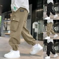 thumbnail image 1 of WRKEKC Kids Cargo Pants Letter Print Multi Pockets Solid Color Cuffed Hem Elastic Waist Stretchy Comfy Fall Spring Pants for 3-15 Years, 1 of 9