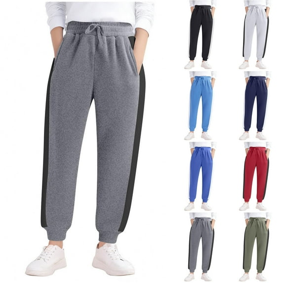 WRKEKC Kids Color-Block Sweatpants Side-Stripe Cuffed-Hem Elastic-Waist Warm Fleece-Lined Stretchy Comfy Sports Pants for Kids 5-16 Years