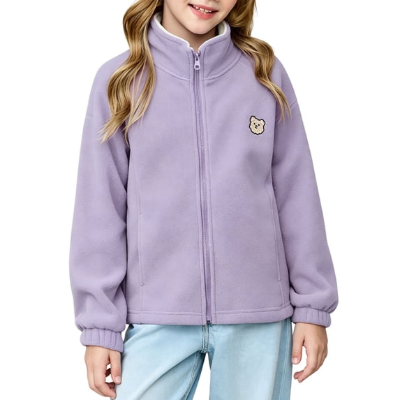 WRKEKC Kids Fleece Jacket Solid Color Stand Collar Full Zip Long Sleeve Warm Sherpa Lined Jacket for 3-12 Years