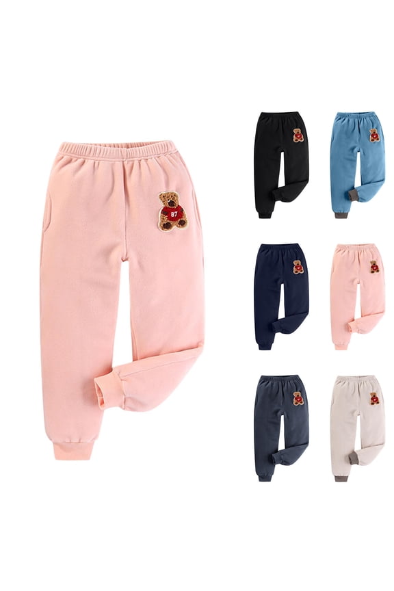Kids Fleece Sweatpants Bear Embroidery Drawstring Elastic Waist Cuffed Hem Warm Stretchy Comfy Fall Winter Pants for 3-14 Years