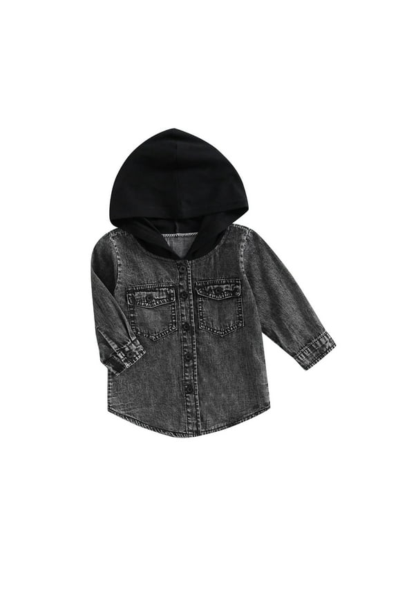 Kids Hooded Denim Shirt Jacket Button-Front Long Sleeve Washed Style Fall Winter Outerwear for Boys and Girls 12 Months-5 Years