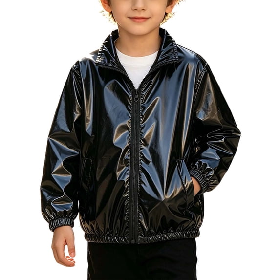 WRKEKC Kids Jacket Solid Color Shiny Stand Collar Full Zip Long Sleeve Casual Lightweight Coat for 4-13 Years