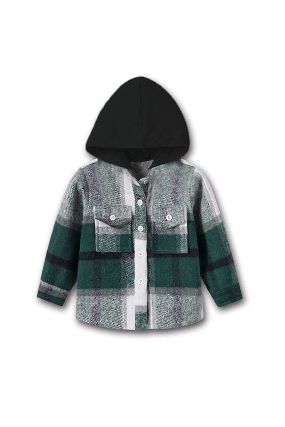 Kids Plaid Print Hooded Brushed Shirt Jacket Long Sleeve Outerwear for 3 Months-6 Years Old Boys Girls Fall Winter