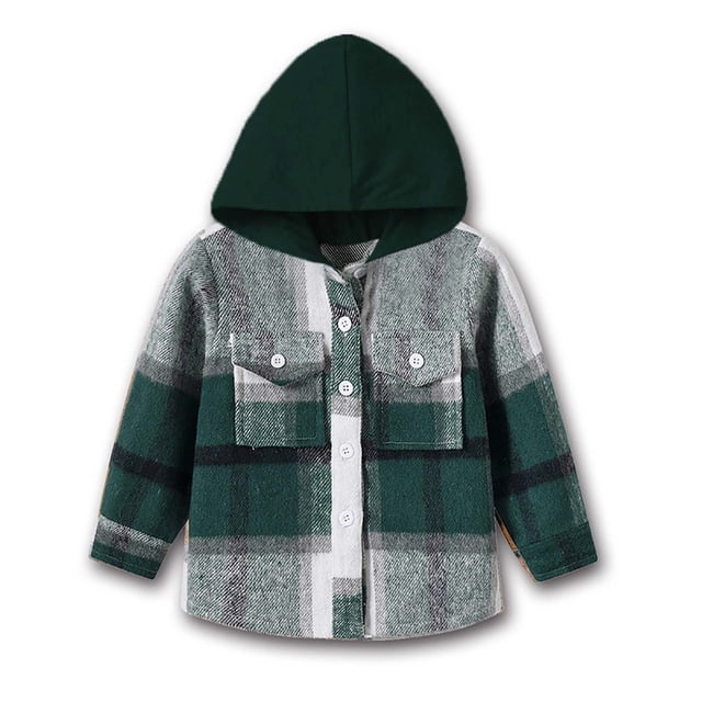 WRKEKC Kids Plaid Print Hooded Brushed Shirt Jacket Long Sleeve Outerwear for 3 Months-6 Years Old Boys Girls Fall Winter