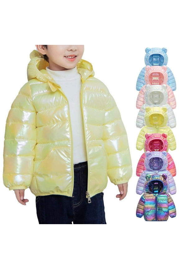 Kids Puffer Jacket with Ear Hooded Colorful Shiny Coat for Toddlers Girls Boys Lightweight Warm Outerwear Ideal for Spring Fall School Playdates and Casual Outings