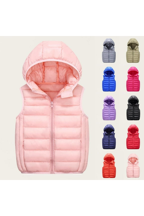 Kids Puffer Vest Solid Color Quilted Hooded Full Zip Vest with Pocket for Girls Boys 3-14 Years Warm Lightweight Padded Casual Outerwear Fall Winter Jackets