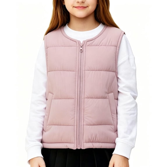WRKEKC Kids Puffer Vest Solid Color Round Neck Full Zip Lightweight Padded Vest with Pockets for 1-8 Years