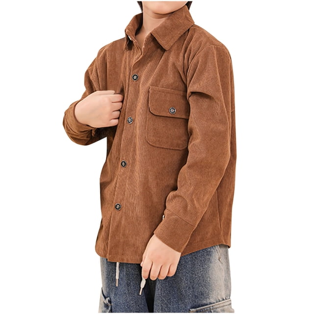 WRKEKC Kids Solid Color Corduroy Shirt Jacket Long Sleeve Pocketed Outerwear for 12 Months-10 Years Boys Girls Fall Winter