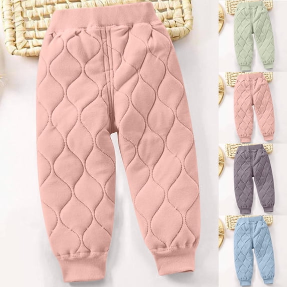 WRKEKC Kids Solid Color Quilted Pants Fleece Lined Elastic Waist Cuffed Hem Loose Fitting Thickened Warm Stretchy Long-Lasting Comfy Fall Winter Pants for 1-7 Years