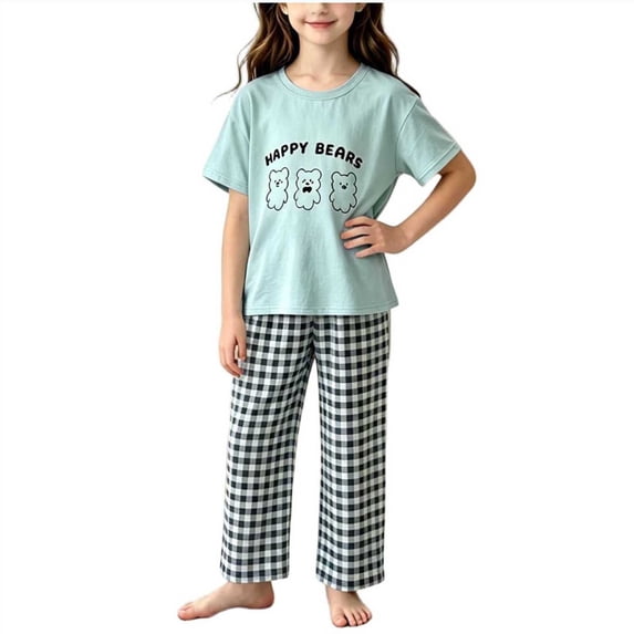 WRKEKC Kids Summer Outfits Bear Print Round Neck Short Sleeve Top and Plaid Long Pants Set for 2-15 Years