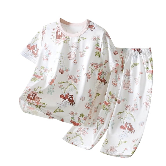 WRKEKC Kids Summer Outfits Seamless Round Neck Short Sleeve Pajama All Over Print Comfort Set for 6 Months-12 Years