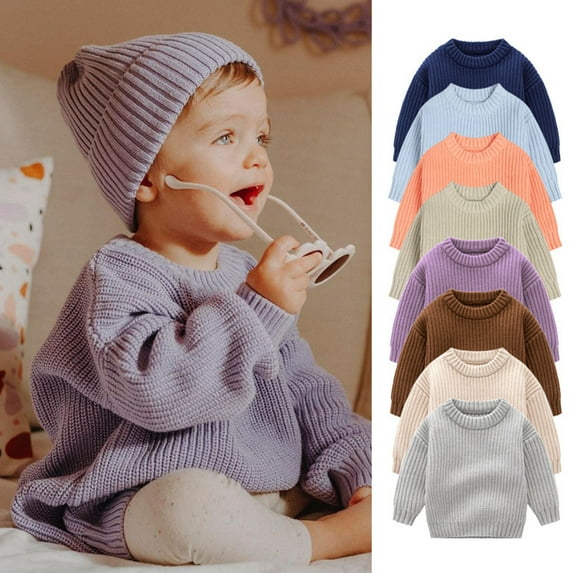 WRKEKC Kids Sweater Crew Neck Oversized Thickened Solid Color Long Sleeve Warm Knitted Top for Infants 6 Months-5 Years Cozy Fall Winter Knitwear