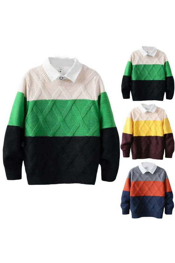 Kids Sweater Crewneck Color Block Argyle Pattern Shirt Collar Knit Pullover Long Sleeve Classic for 2 - 12 Years Boys Girls Fall Winter
