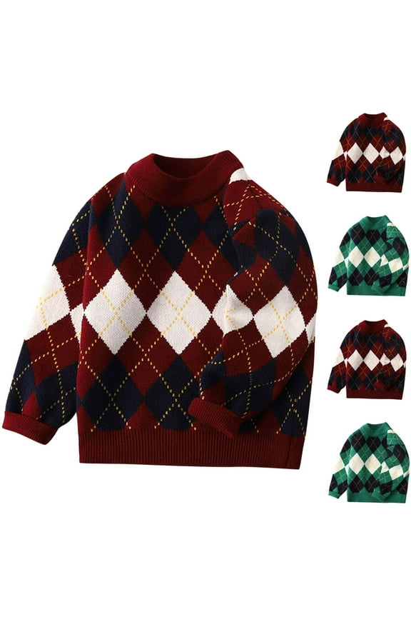 Kids Sweater Crewneck Thickened Argyle Pattern Knit Pullover Long Sleeve Classic Warm Top with Ribbed Cuffs for 4 - 15 Years Boys Girls Fall Winter