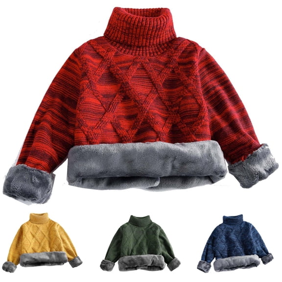 WRKEKC Kids Sweater Turtleneck Argyle Pattern Fleece Lined Ribbed Knit Thickened Pullover Long Sleeve Warm Cozy Top for 2 - 12 Years Boys Girls Fall Winter