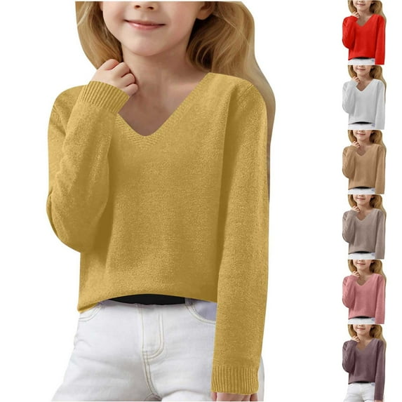WRKEKC Kids Sweater V-Neck Long Sleeve Thick Warm Soft Cozy Solid Color Casual Knit Top for 6-15 Years Girls Winter Fall Everyday Wear