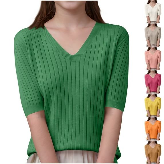 WRKEKC Kids Sweater V Neck Ribbed Knit Short Sleeve Solid Color Pullover Soft Breathable Layering Top for 6 - 15 Years Fall Winter