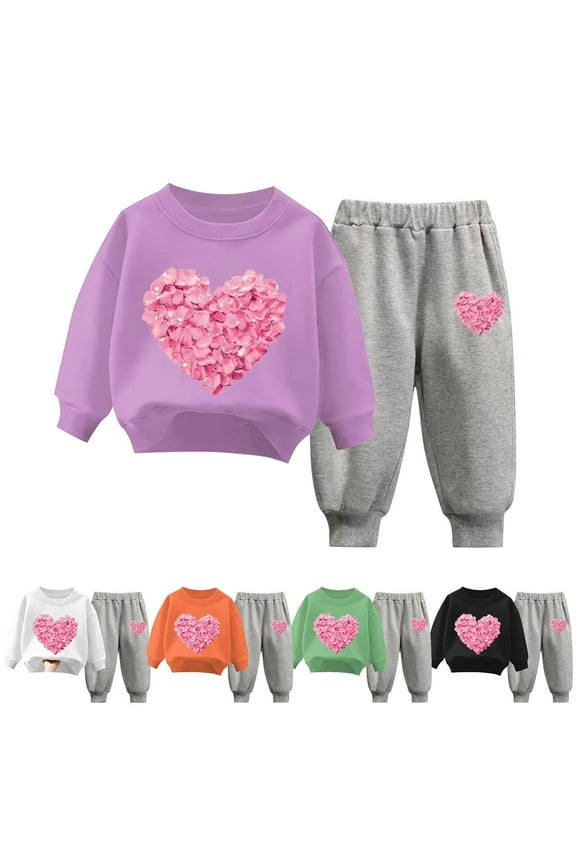 Kids Winter Outfits for Girls Boys 12 Months-10 Years Heart Petal Print Fleece Lined Sweatshirt and Pants Two Piece Warm Fall Set