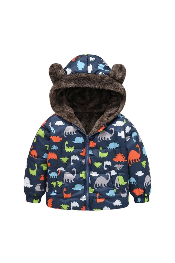 Kids Winter Puffer Jackets with Hood Dinosaur Print Long Sleeve Fleece Lined Windproof Outerwear Coat for 12 Months-5 Years Boys and Girls