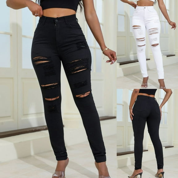 WRKEKC Leggings for Women, Casual Pants for Women, Ladies' Casual Trendy Solid Color Pocket Ripped Buton Zipper Long Jeans Pants