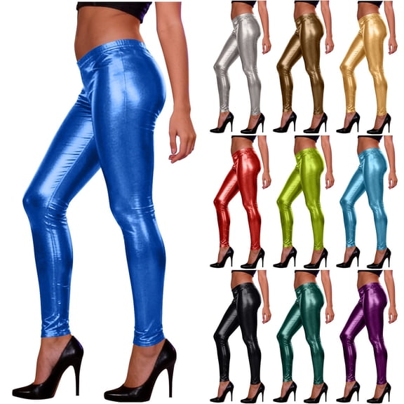 WRKEKC Leggings for Women Metallic Shiny Faux Patent Leather Mid Rise 9 Inch Length Tight Pants with Stretch Fit