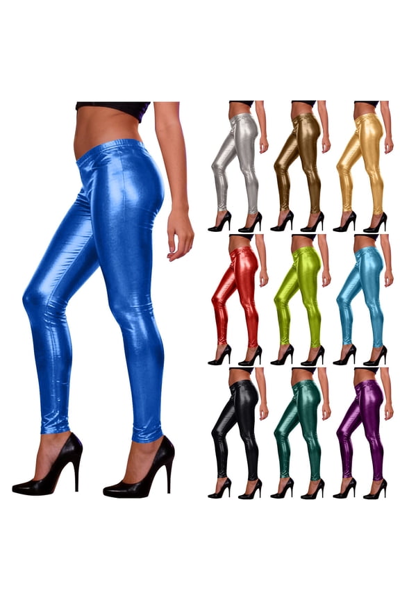 Leggings for Women Metallic Shiny Faux Patent Leather Mid Rise 9 Inch Length Tight Pants with Stretch Fit