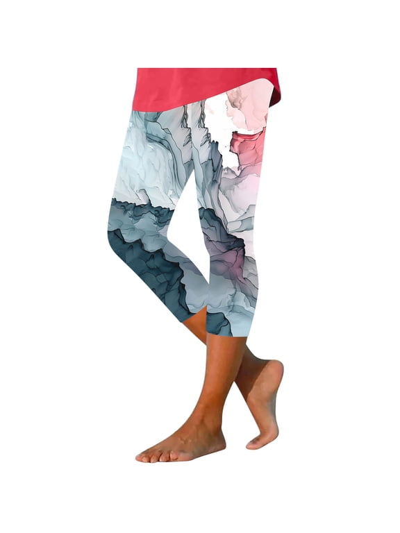 Leggings for Women Printed High Waist Capri Yoga Pants Tummy Control Running Athletic 7/8 Length with Pockets