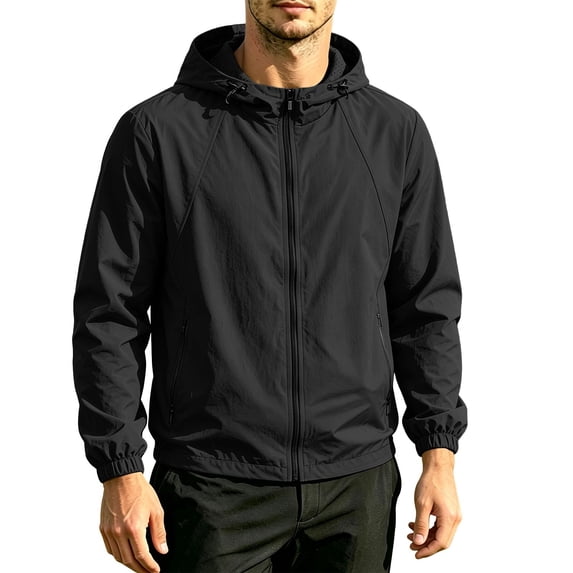 WRKEKC Lightweight Hooded Windbreaker for Men Quick Dry Zip-Up Casual Outerwear with Elastic Cuffs for Everyday Outdoor Activities