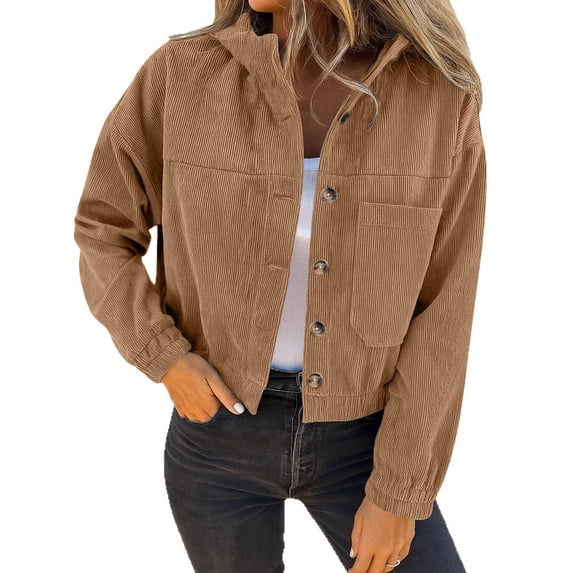 WRKEKC Lightweight Jacket Women Hooded Long Sleeve Corduroy Button Up Cropped Outerwear with Chest Cargo Pockets for Casual Weekend Wear