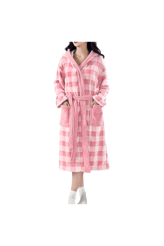 Long Robes for Women Fall Winter Thickened Coral Fleece Plaid Quick Dry Absorbent Tie Waist Hooded Bathrobe Sleep Robe