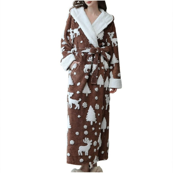 WRKEKC Long Robes for Women Patchwork Snowflake Printed Plush Long Winter Thickened Warm Bathrobe Sleep Robe for Cold Days