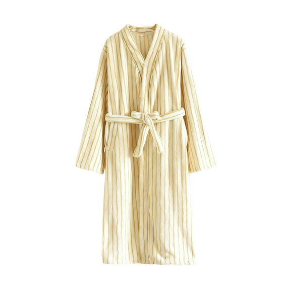 WRKEKC Long Robes for Women Solid Color Fall Winter Soft Striped V Neck Long Sleeve Button Cardigan with Pockets Bathrobe Loungewear